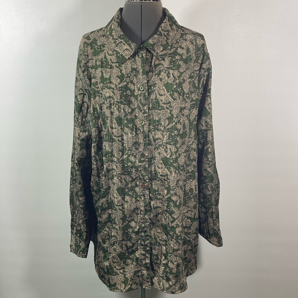 Jms Top Women Size 2x Green W Print Button Front Long Sleeve Loose Comfort Fit
